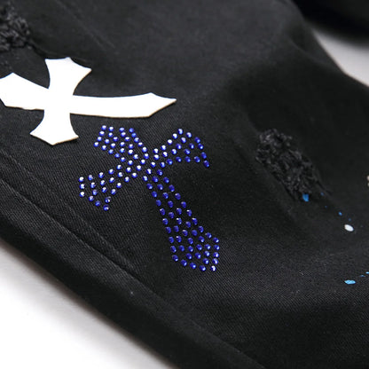 Jean en denim à commande croisée en cristal pour hommes, trous déchirés, distMurcia, pantalon noir, broderie, Slim, conique, fjered