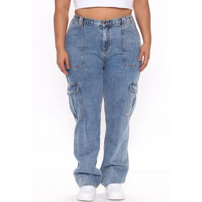 Jean Cargo Américain Taille Haute pour Femme, Pantalon Droit Croisé, Mode Fille, Bleu Clair, Bleu Foncé, Noir, Gris, Denim Fjj