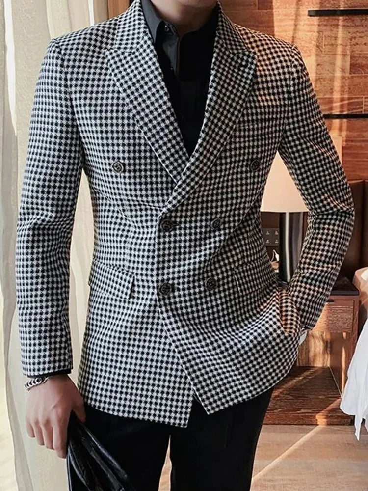 Costumes à carreaux à double boutonnage pour hommes, coupe couvertes, carreaux pied-de-poule, smoking de marié de mariage, olympiques de mode, veste et pantalon, 2024, 2 pièces