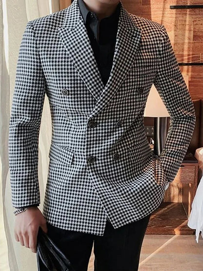 Costumes à carreaux à double boutonnage pour hommes, coupe couvertes, carreaux pied-de-poule, smoking de marié de mariage, olympiques de mode, veste et pantalon, 2024, 2 pièces