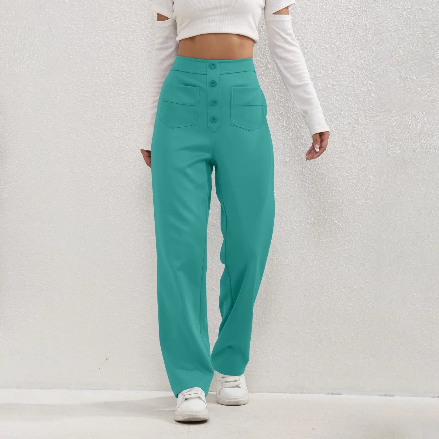 Pantalon à jambes droites pour femmes, classique, Simple, solide, taille haute, mode, poches à boutons, taille élastique, décontracté, nouvelle collection