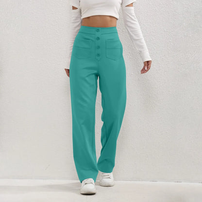 Pantalon à jambes droites pour femmes, classique, Simple, solide, taille haute, mode, poches à boutons, taille élastique, décontracté, nouvelle collection