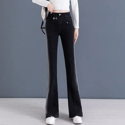 Jean évasé bleu nickel é vintage pour femme, pantalon taille haute, poche complète, polyvalent, simple, décontracté, printemps, automne