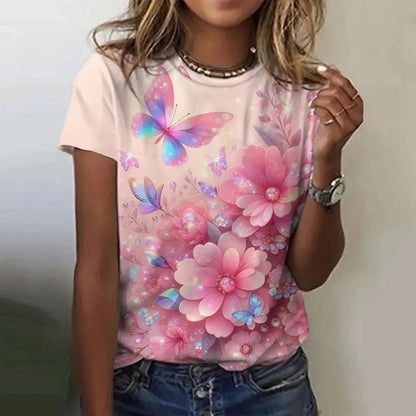 T-shirt manches courtes col rond femme, estival et surdimensionné, avec motif Floral et fleur papillon imprimé en 3D, Y2k, Harajuku, vêtements féminins, nouvelle collection