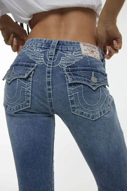 Y2k Denim pantalon Harajuku taille haute jambe large jean bleu bouddha brodé jean droit décontracté haute rue femmes vêtements