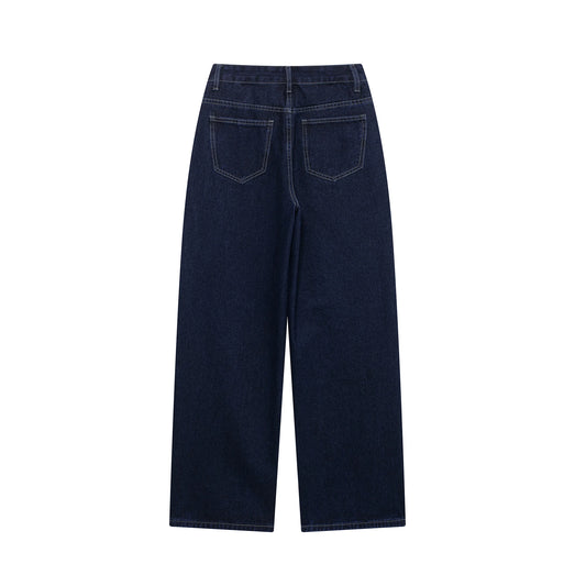 DUOPERI femmes mode Denim bleu marine pantalon droit Vintage jean taille haute pleine longueur femme Chic dame pantalon