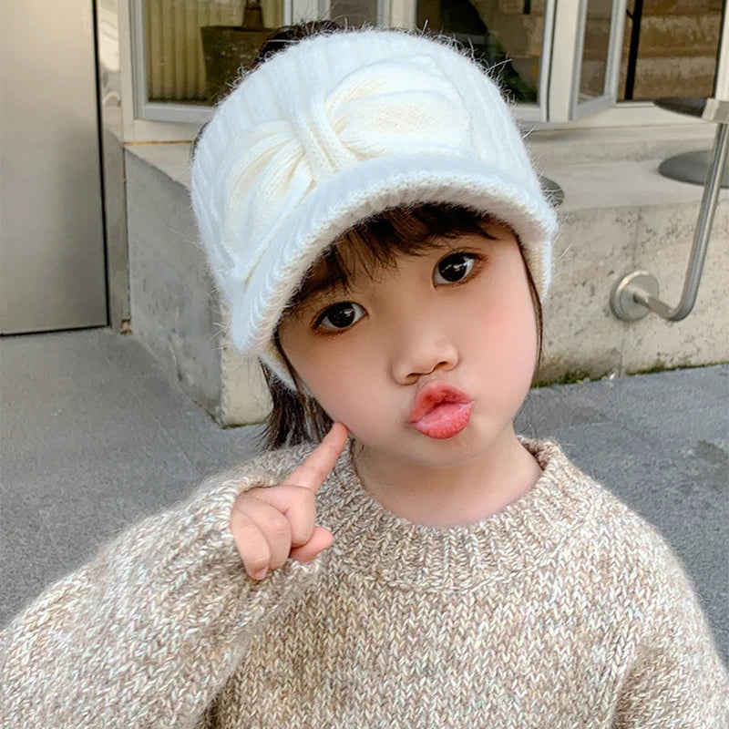 Chapeau en laine pour Protection des oreilles, haut vide, avec nœud pour bébé fille, tricoté en bec de canard, pour enfants de 3 à 10 ans, couvre-oreilles chauds d'hiver, bonnets pour enfants