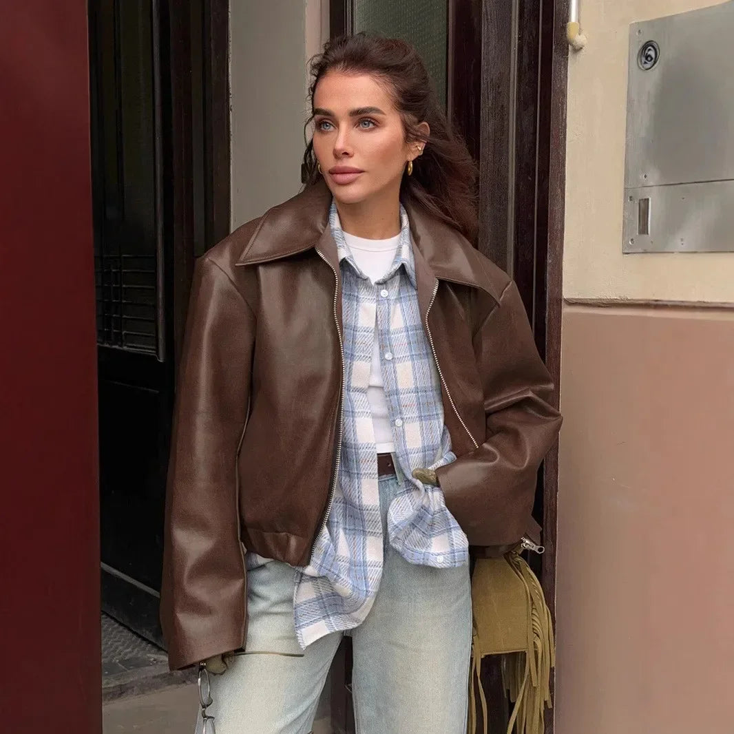 Zekye-Blouson en cuir bordeaux à manches longues pour femme, veste à revers avec fermeture éclair, vêtements de rue, mode printemps été