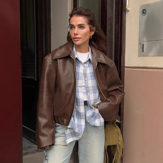 Zekye-Blouson en cuir bordeaux à manches longues pour femme, veste à revers avec fermeture éclair, vêtements de rue, mode printemps été