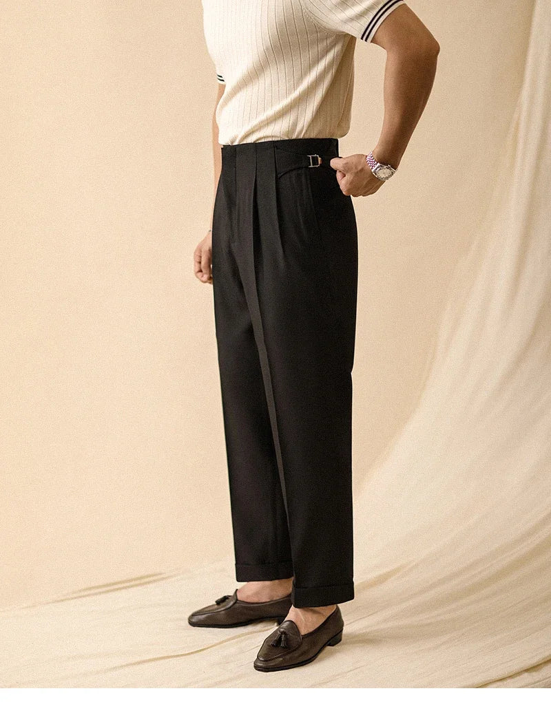 Pantalon droit d'été pour hommes bouton de Paris sans repassage coupe ample affaires Naples pantalons décontractés taille haute pantalon de bureau hommes