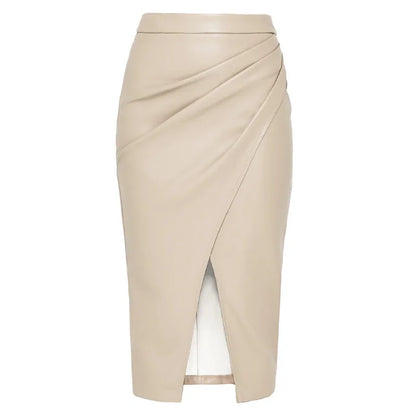 Jupe mi-longue en cuir PU pour femme, taille haute, fermeture éclair élégante, jupes fendues sur le devant, faux cuir noir, jupe pliée pour femme, automne