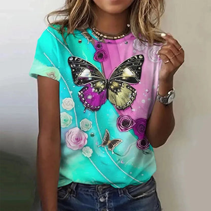 T-shirt manches courtes col rond femme, estival et surdimensionné, avec motif Floral et fleur papillon imprimé en 3D, Y2k, Harajuku, vêtements féminins, nouvelle collection