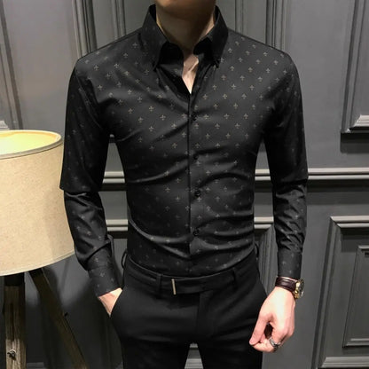 Chemises Slim à manches longues pour hommes, chemise imprimée à la mode, chemise décontractée, affaires, sans repassage, anti-rides, printemps, automne, nouveau