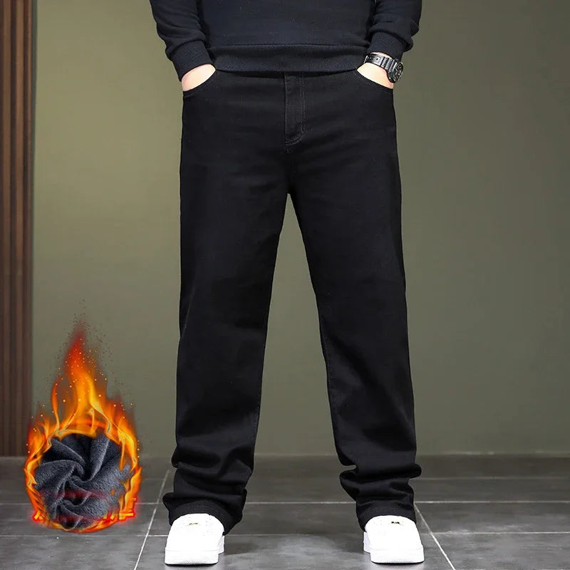 Haute élasticité printemps automne grande taille jeans noirs jeans droits hommes plus grande taille jeunesse élastique pantalons longs 44 46 48