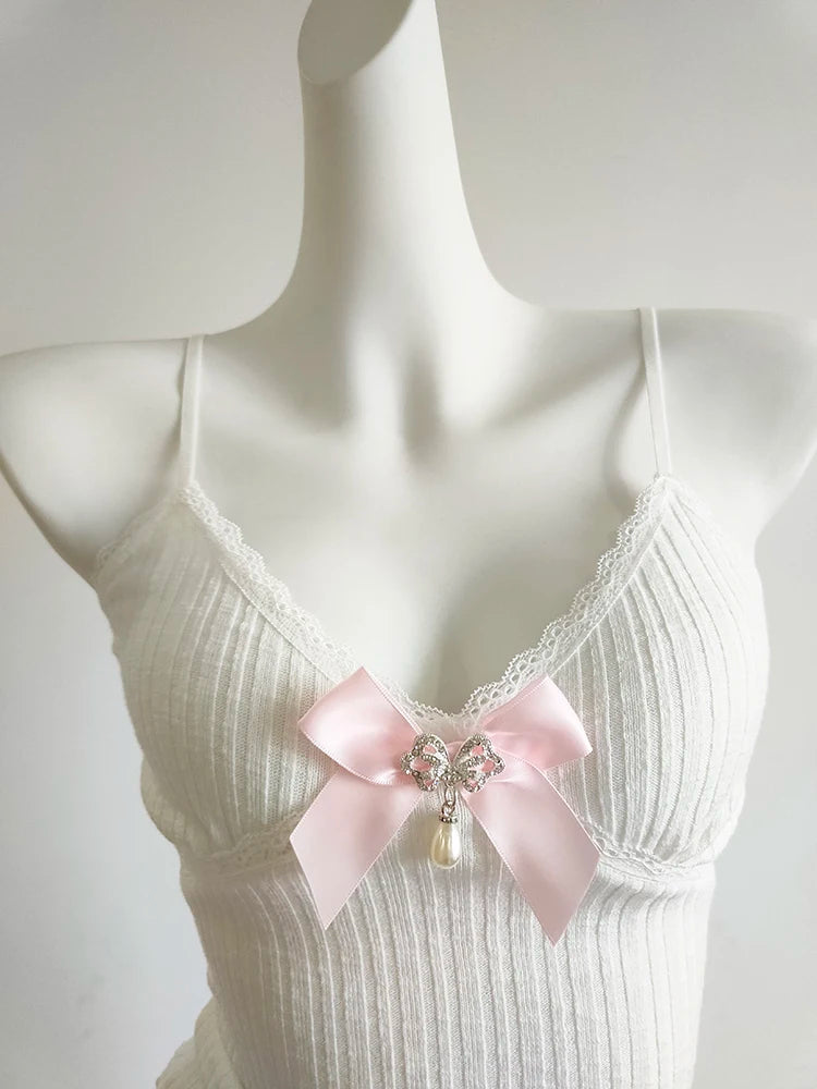 Camis mignon solide haut court femmes été nœud extensible hauts courts pour filles douces Kawaii vêtements