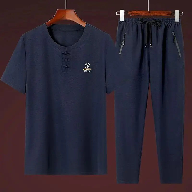 Ensemble Hanfu Brodé en Lin pour Homme, Style Chinois, Trempé, Tang Kung Fu Traditionnel, Tapiercing, Pantalon d'Été en Coton