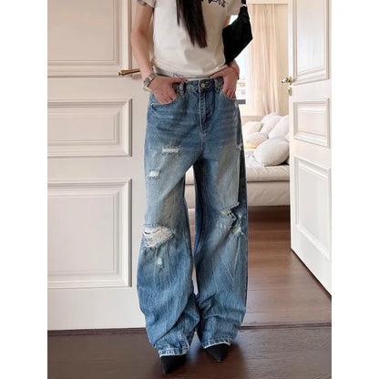 Jean bleu taille haute à trous multiples pour femmes, pantalon à jambes larges, pantalon américain Cool Girl, bas décontracté, survêtement féminin