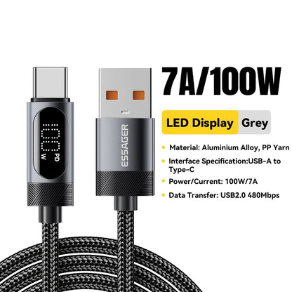 Câble USB de type C à affichage numérique, charge rapide PD 100W