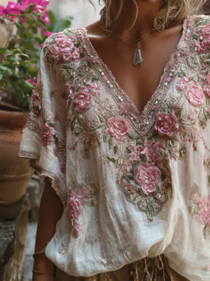 T-shirt à manches courtes pour les déplacements, ample, décontracté, col en v, Jacquard, chemisier à la mode, dentelle brodée, pulls floraux, été