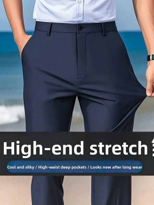 Pantalon pour hommes en soie glacée lisse et soyeuse, Ultra-fin, drapé à haute élasticité, décontracté, ample, jambe droite, Long, pour l'été, tenue de bureau