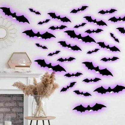 Décoration de chauve-souris d'halloween, veilleuse avec lumières violettes, autocollant mural 3D pour décoration auto-adhésive, jardin, arrière-cour, décor de fête d'halloween