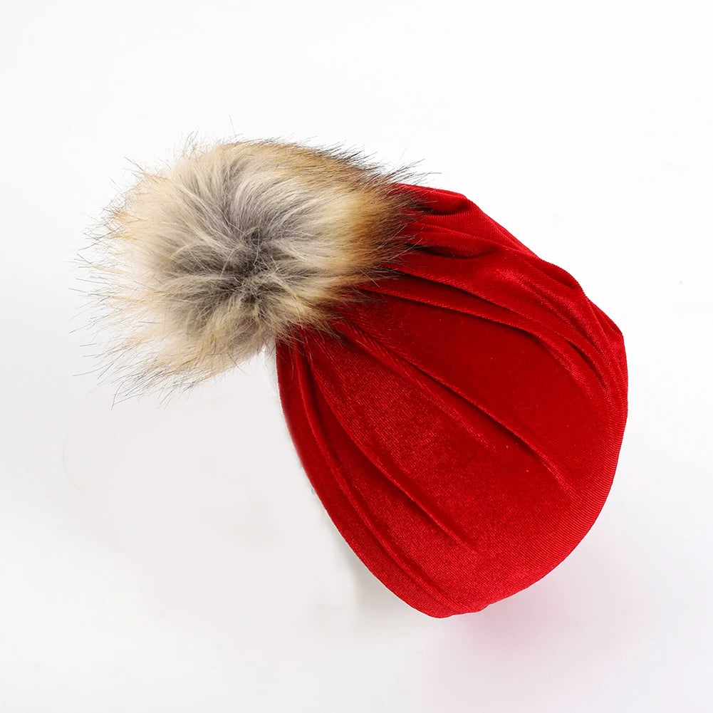 Chapeau boule de fourrure en tissu velours solide pour enfants garçons filles bébé accessoires de photographie grand pompon nœud supérieur automne hiver oreille bonnet chaud