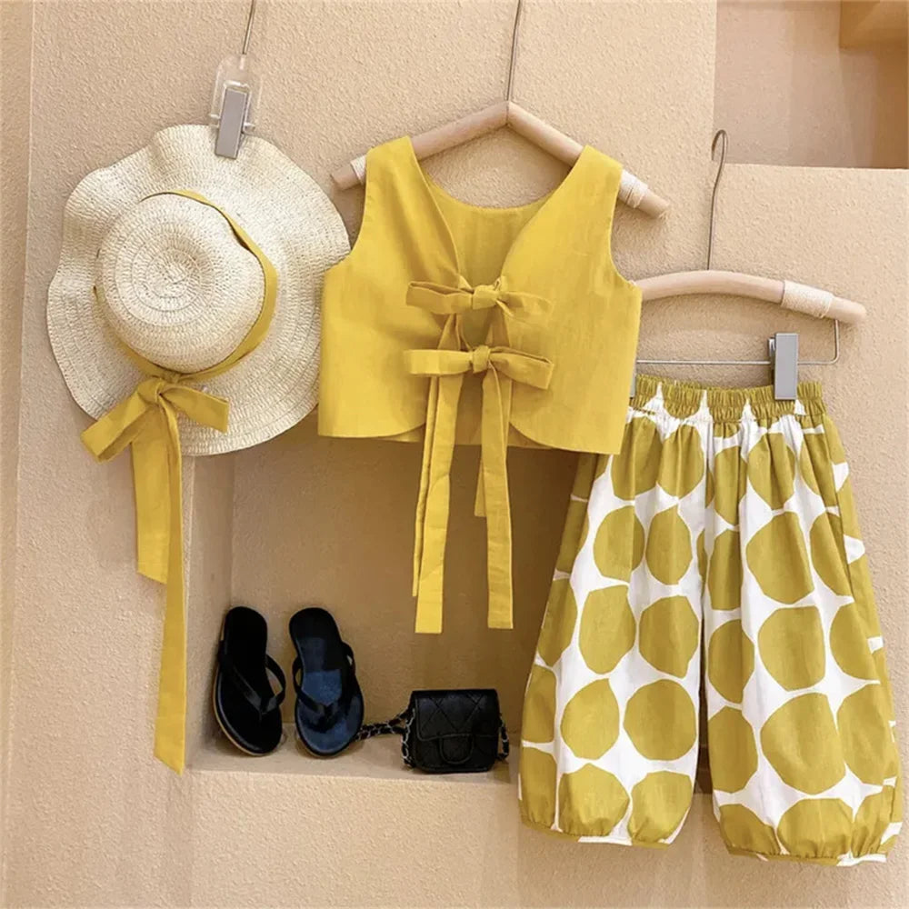BEAR LEADER-Ensemble de vêtements pour filles, tenue d'été en mousseline de soie, motif floral, col licou + short brodé, en paille, pour enfants, 2023