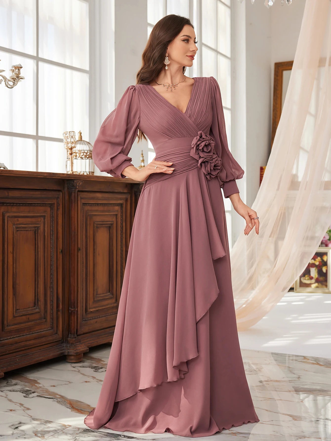 UNITHORSE – robe brodée de perles, manches longues, plissée sur le devant, petit col en v, fente latérale, manches lanternes, robe formelle pour femmes