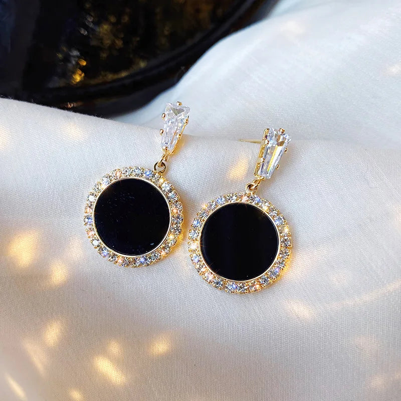 Boucles d'oreilles rondes en argent S925, strass assortis avec tout, simples, goutte d'eau noire,
