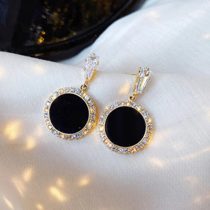 Boucles d'oreilles rondes en argent S925, strass assortis avec tout, simples, goutte d'eau noire,