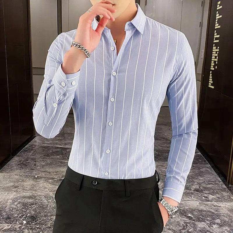 Chemises rayées à boutons formels pour hommes, beau tempérament, col rabattu, maigre, printemps, été, automne, vêtements fins pour hommes, mode