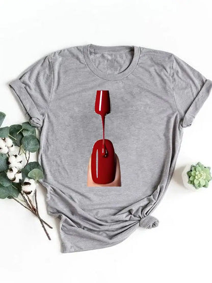 T-shirt manches courtes pour femmes, vêtement basique, haut d'été, maquillage rayé, joli et mignon, imprimé, à la mode, graphique