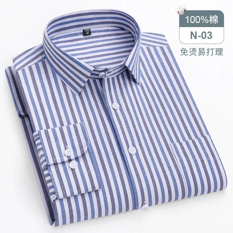 Chemise Oxford rayée à carreaux pour hommes, chemise sociale à manches longues, chemises de travail décontractées, poche, pur coton, qualité, S- 7XL, 8XL, 100%