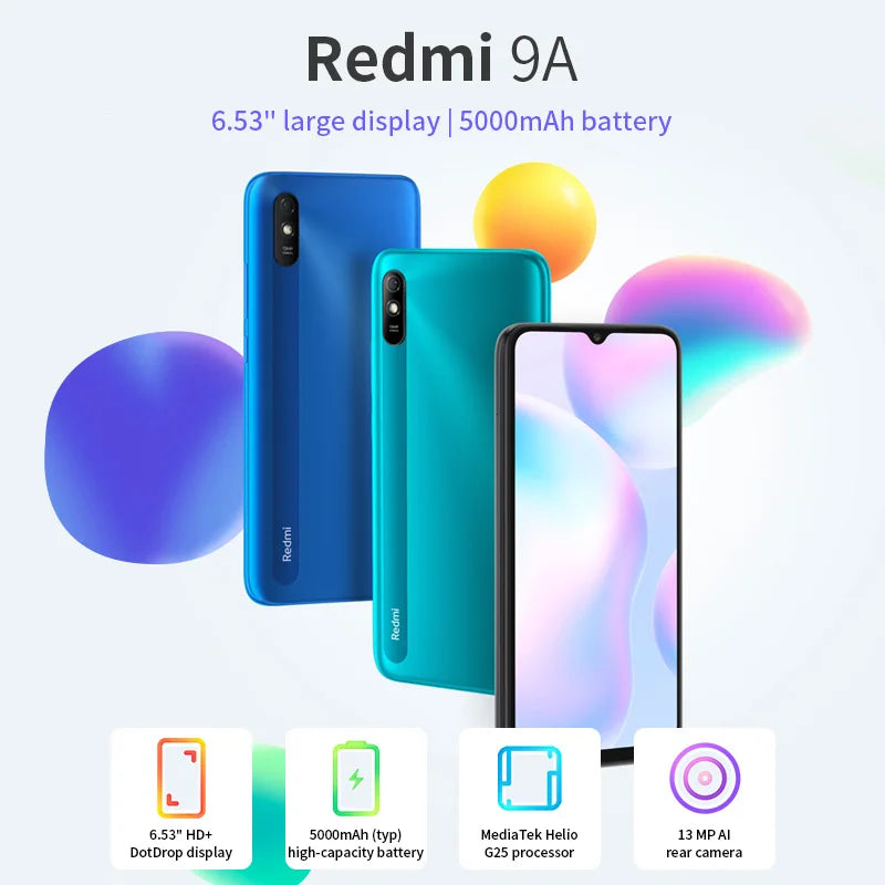 Original Xiaomi Redmi 9A/10A micrologiciel mondial  4GB + 64GB/128GB débloqué Xiaomi téléphone intelligent étui gratuit Film de verre cellulaire