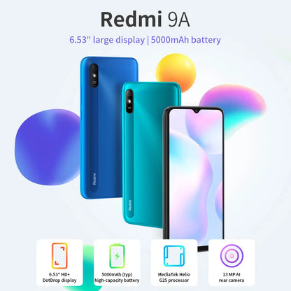 Original Xiaomi Redmi 9A/10A micrologiciel mondial  4GB + 64GB/128GB débloqué Xiaomi téléphone intelligent étui gratuit Film de verre cellulaire