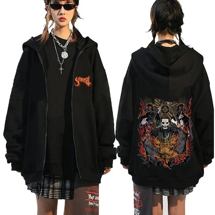 Mesurost Band Zipper Hoodie pour hommes, Hip Hop Respzed Fashion, Cartoon Anime Graphic Print, Zip Up Hoodies, Rock Gothic, PVD