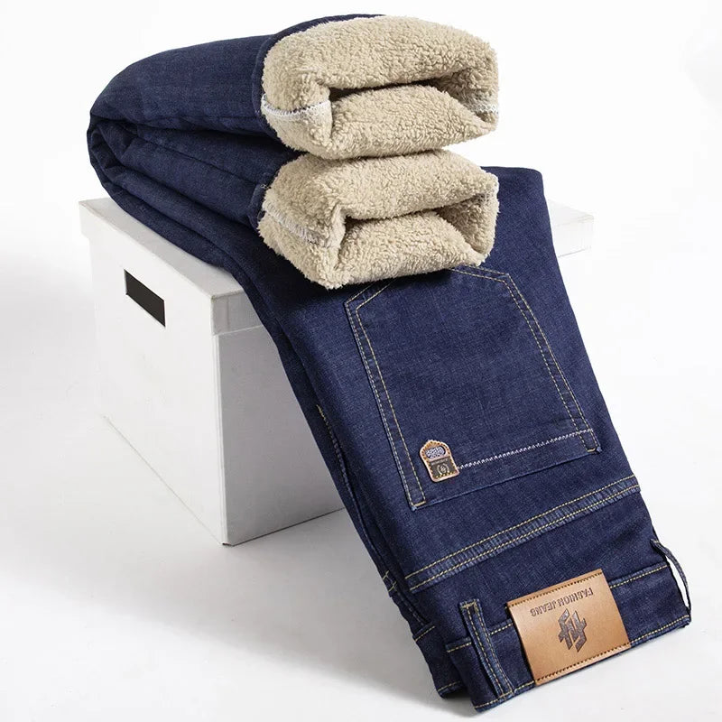 Hiver agneau peluches Denim pantalon droit hommes épaissir grande taille 40 jean taille haute Stretch jean doublé polaire chaud mince Vaqueros