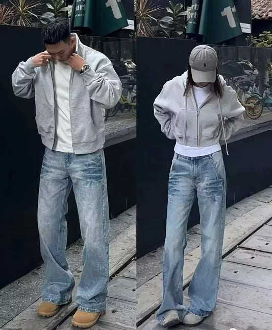 American Vibe style rétro lavé été nouveaux jeans pour hommes et femmes Instagram marque de mode haute rue lâche jambe droite pantalon