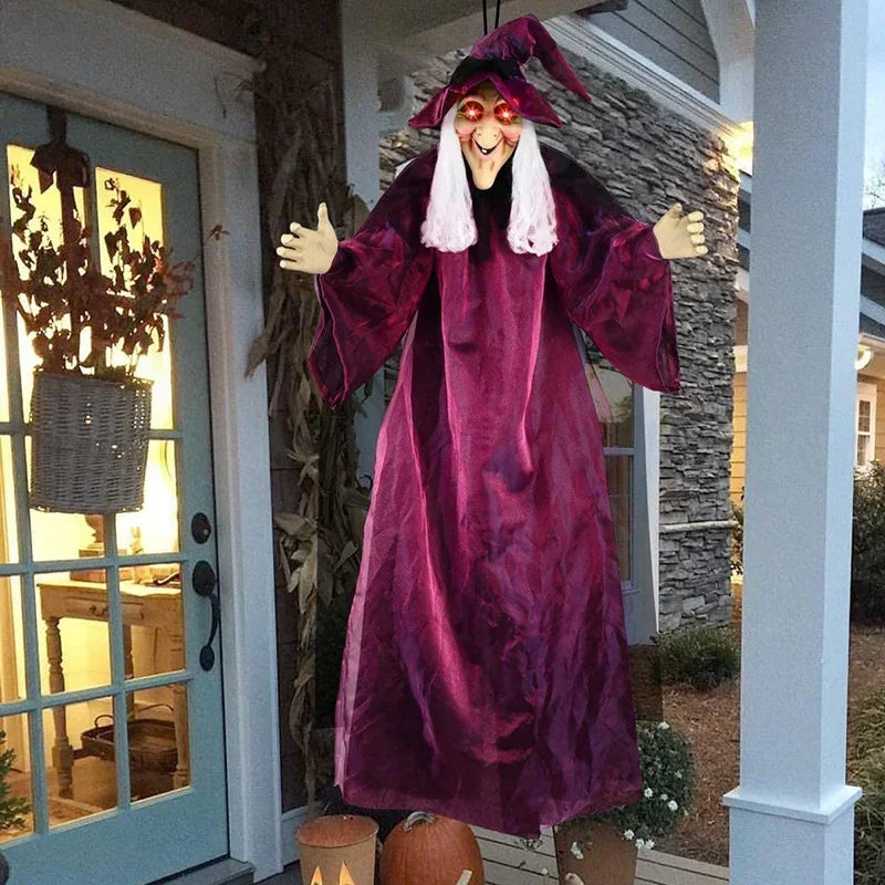 Décor de sorcière suspendu pour Halloween, squelette avec son, yeux rouges brillants, sorcière parlante effrayante, décorations d'halloween, accessoires de maison hantée