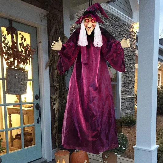 Décor de sorcière suspendu pour Halloween, squelette avec son, yeux rouges brillants, sorcière parlante effrayante, décorations d'halloween, accessoires de maison hantée
