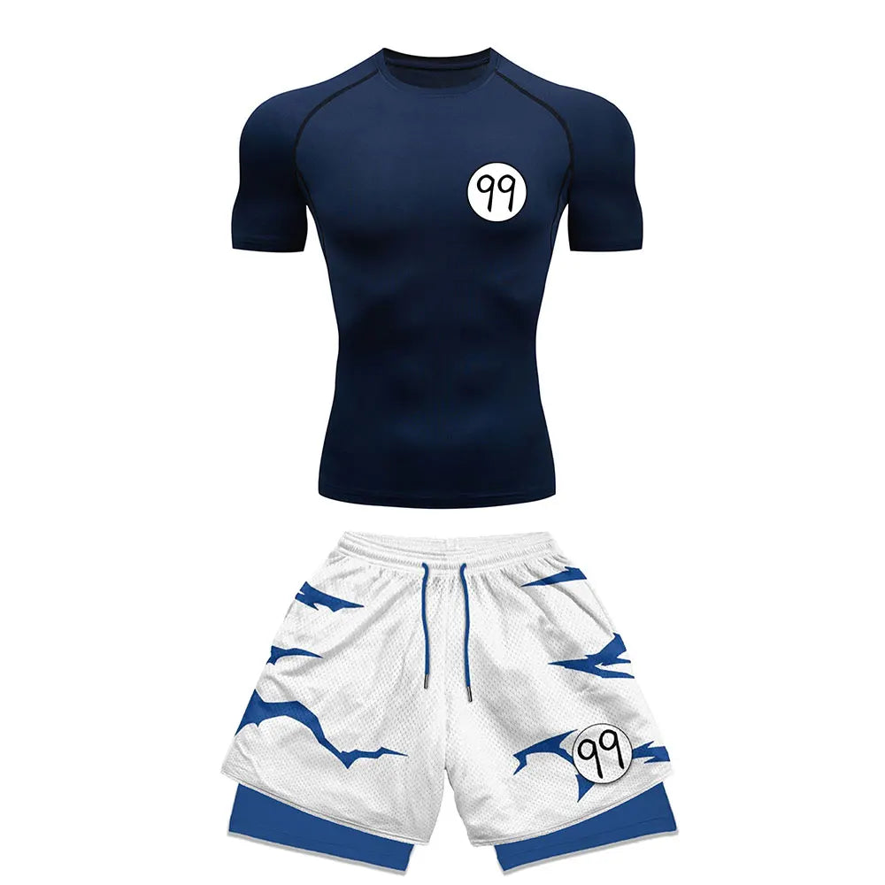 Chemise de Compression + short de gymnastique 2 pièces entraînement été Anime imprimé ensemble de Compression de gymnastique course Sport Fitness costume pour hommes vêtements de Sport