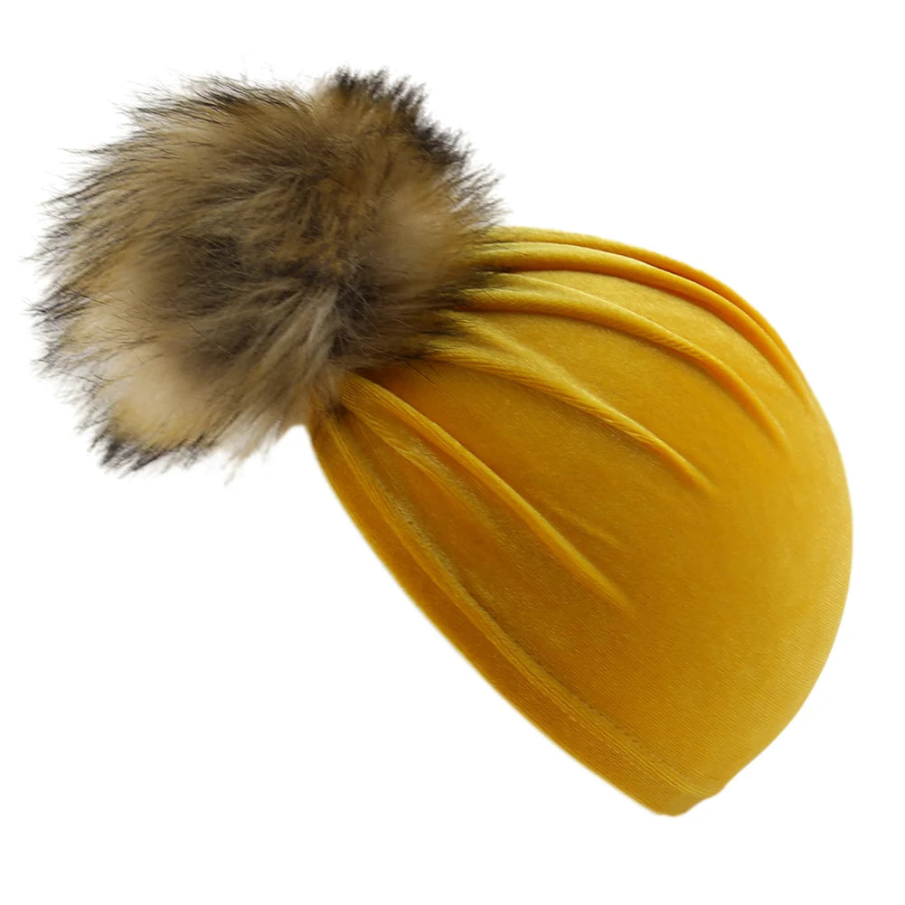 Chapeau boule de fourrure en tissu velours solide pour enfants garçons filles bébé accessoires de photographie grand pompon nœud supérieur automne hiver oreille bonnet chaud