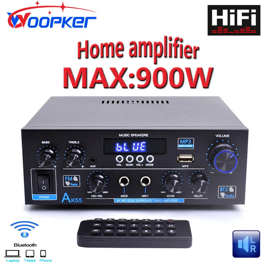 Woopker-Amplificateur de puissance domestique Bluetooth 2.0, caisson de basses pour touristes, entrées micro, radio FM, AK55, canal RMS 70W + 70W, 5.0, HiFi, Prévention 900W