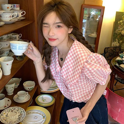 Chemises à carreaux roses pour femmes, col Peter Pan, doux, panneaux, Bandage, tempérament, vêtements Kawaii, Baggy, mode coréenne d'été