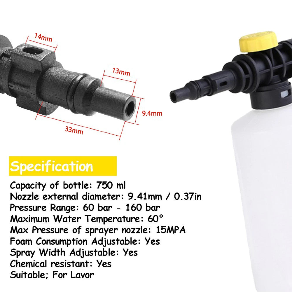 Lance à mousse de neige de 750ML pour nettoyeurs à pression de voiture KARCHER/BOSCH AQT/LAVOR, générateur de mousse de savon avec buse de pulvérisation réglable