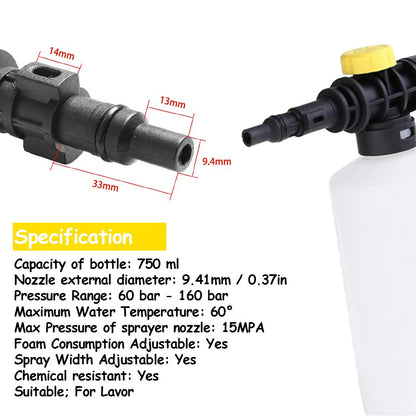 Lance à mousse de neige de 750ML pour nettoyeurs à pression de voiture KARCHER/BOSCH AQT/LAVOR, générateur de mousse de savon avec buse de pulvérisation réglable