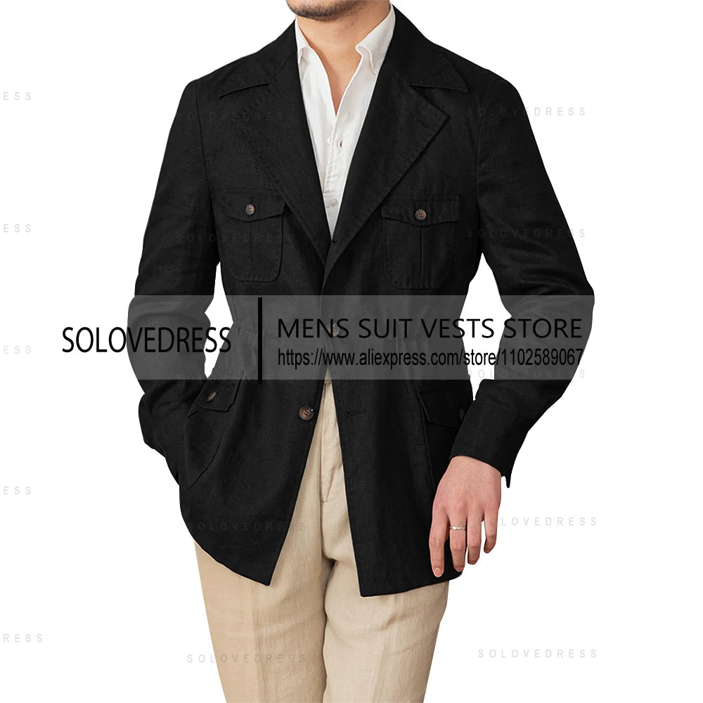Veste en lin simple boutonnage col à revers coupe ajustée lin costumes pour hommes veste d'été Blazer (juste une veste)
