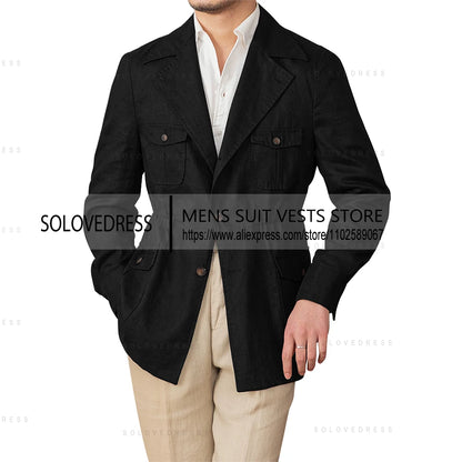 Veste en lin simple boutonnage col à revers coupe ajustée lin costumes pour hommes veste d'été Blazer (juste une veste)