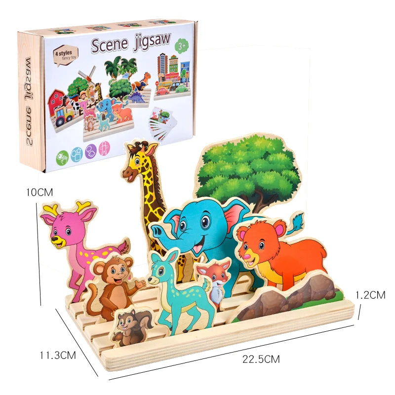 Jeu de pensée logique en bois pour enfants, puzzle de scène d'animaux de ferme, jeu de construction assorti, formation à l'imagination, jouets éducatifs Montessori