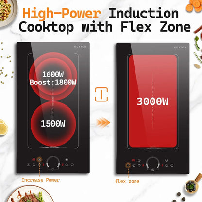 NOXTON Plaque à induction 2 feux,  Plaque de cuisson électrique encastrée, zone de gril flexible, anneau coulissant tactile, 220-240V fil rigide/prise de courant